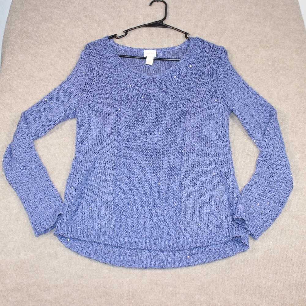 Chicos Blue Sequin Open Knit Sweater Size 0 Long Sleeve Pullover Scoop Neck